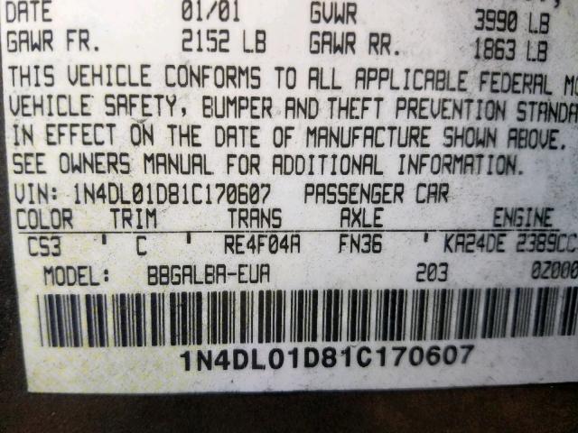 1N4DL01D81C170607 - 2001 NISSAN ALTIMA XE GRAY photo 10