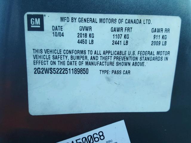 2G2WS522251189850 - 2005 PONTIAC GRAND PRIX GRAY photo 10