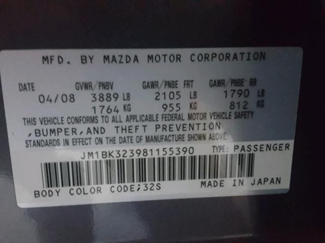 JM1BK323981155390 - 2008 MAZDA 3 S GRAY photo 10