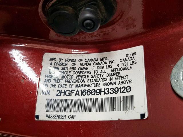 2HGFA16609H339120 - 2009 HONDA CIVIC LX-S ბურგუნდია ფოტო 10