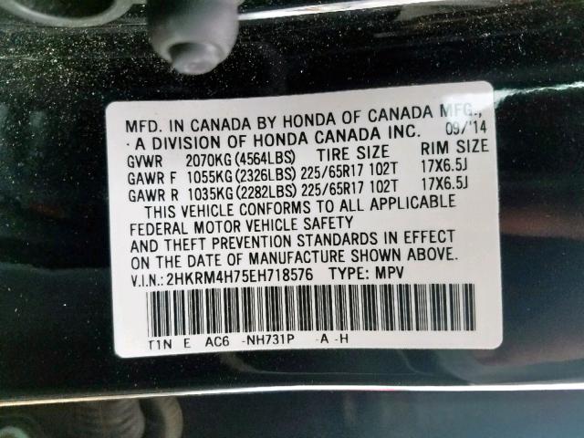 2HKRM4H75EH718576 - 2014 HONDA CR-V EXL BLACK photo 10