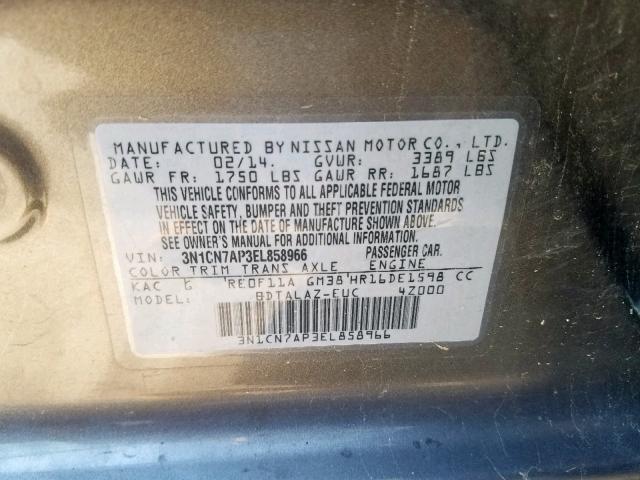 3N1CN7AP3EL858966 - 2014 NISSAN VERSA GRAY photo 10