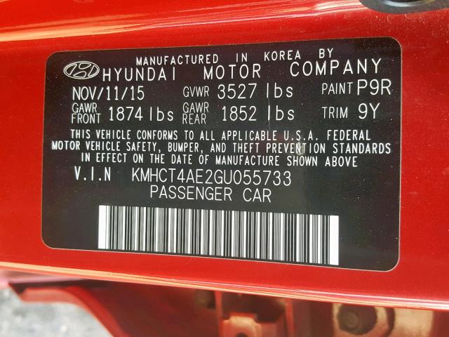 KMHCT4AE2GU055733 - 2016 HYUNDAI ACCENT SE RED photo 10