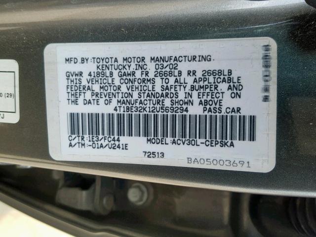 4T1BE32K12U569294 - 2002 TOYOTA CAMRY LE GRAY photo 10