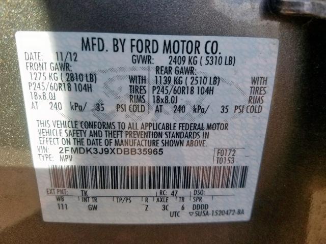 2FMDK3J9XDBB35965 - 2013 FORD EDGE SEL GRAY photo 10