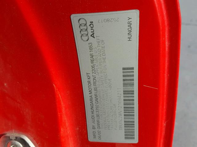 TRUTC28N121034211 - 2002 AUDI TT RED photo 10