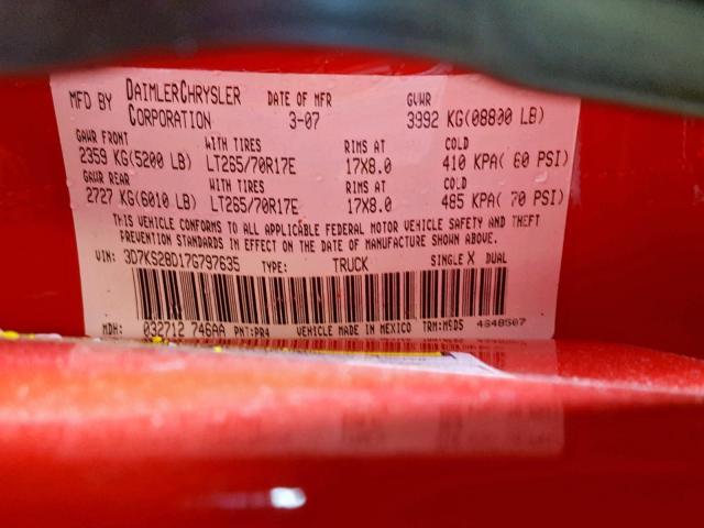 3D7KS28D17G797635 - 2007 DODGE RAM 2500 S Կարմիր լուսանկար 10