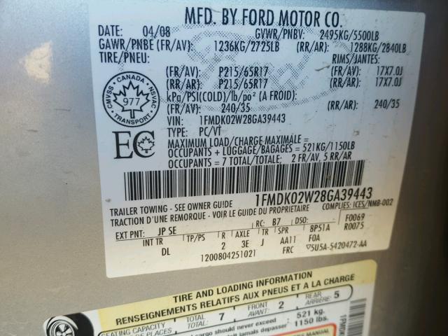 1FMDK02W28GA39443 - 2008 FORD TAURUS X S SILVER photo 10