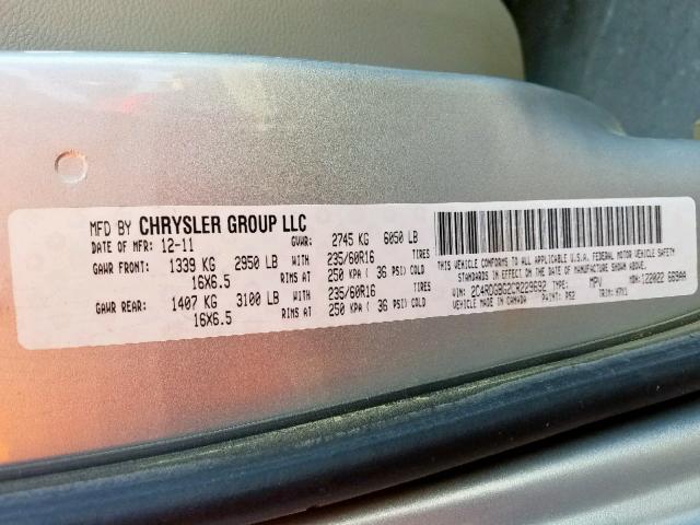 2C4RDGBG2CR229692 - 2012 DODGE GRAND CARA SILVER photo 10