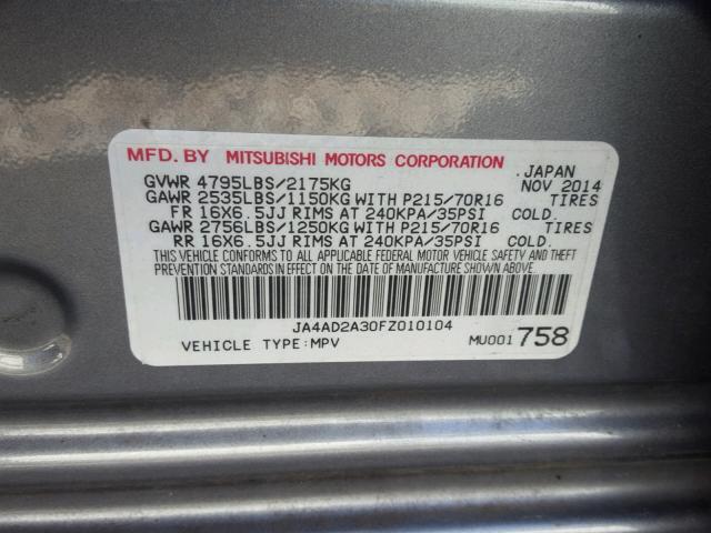 JA4AD2A30FZ010104 - 2015 MITSUBISHI OUTLANDER GRAY photo 10