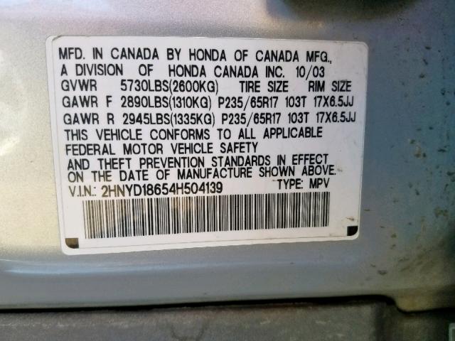 2HNYD18654H504139 - 2004 ACURA MDX TOURIN SILVER photo 10