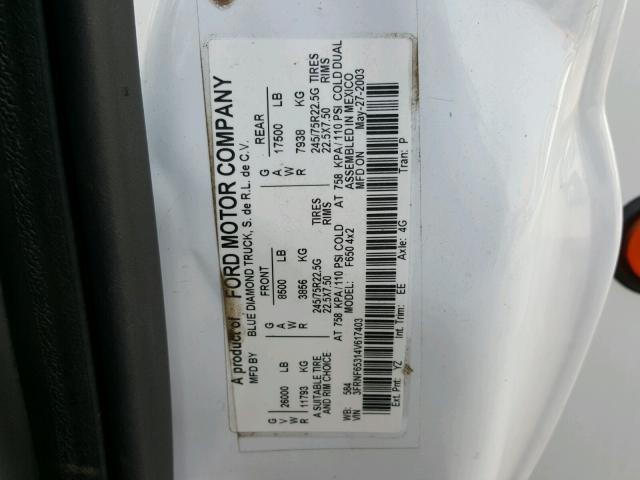 3FRNF65314V617403 - 2004 FORD F650 SUPER WHITE photo 10