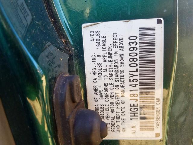 1HGEJ8145YL080930 - 2000 HONDA CIVIC EX GREEN photo 10