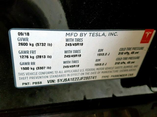 5YJSA1E22JF280741 - 2018 TESLA MODEL S أسود صورة 10