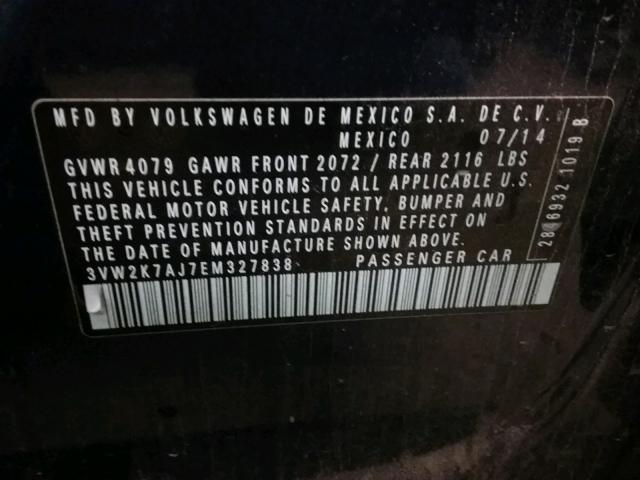 3VW2K7AJ7EM327838 - 2014 VOLKSWAGEN JETTA BASE 蓝色 照片 10