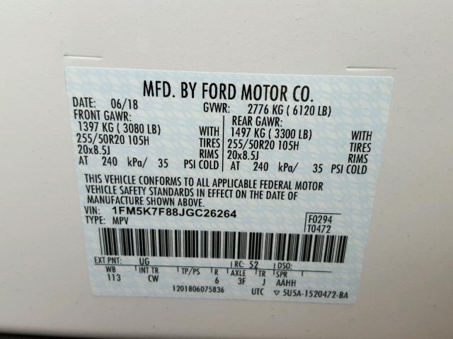 1FM5K7F88JGC26264 - 2018 FORD EXPLORER L WHITE photo 10