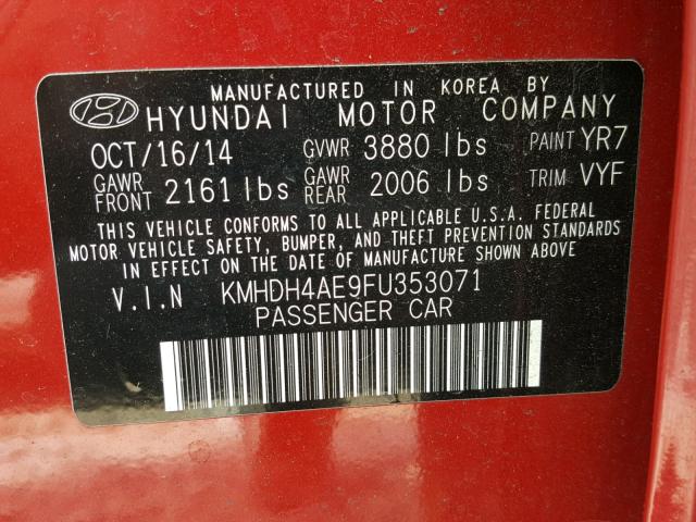 KMHDH4AE9FU353071 - 2015 HYUNDAI ELANTRA SE RED photo 10