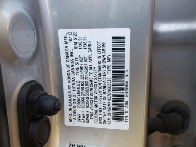 2HKRM4H57DH602535 - 2013 HONDA CR-V EX SILVER photo 10