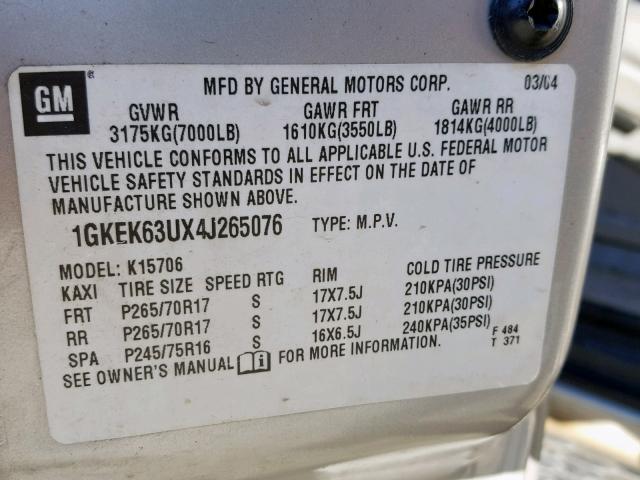 1GKEK63UX4J265076 - 2004 GMC YUKON DENA SILVER photo 10