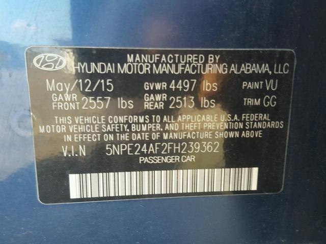 5NPE24AF2FH239362 - 2015 HYUNDAI SONATA SE BLUE photo 10