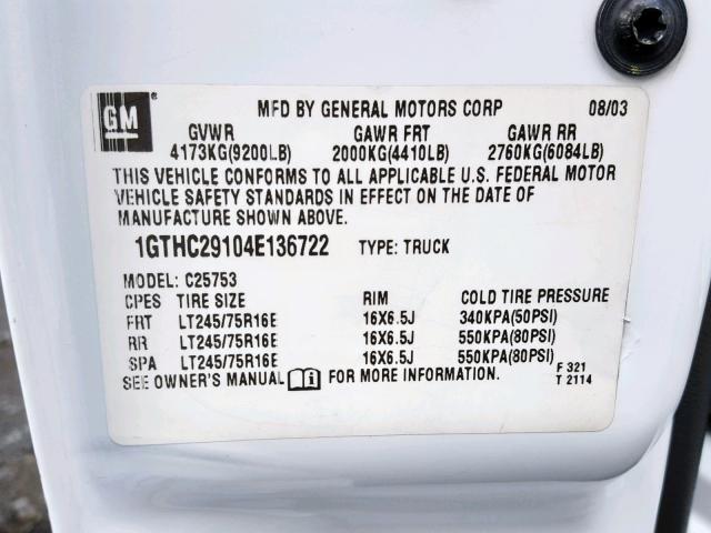 1GTHC29104E136722 - 2004 GMC SIERRA C25 WHITE photo 10