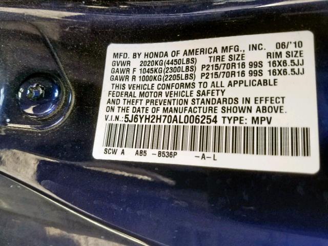 5J6YH2H70AL006254 - 2010 HONDA ELEMENT EX BLUE photo 10