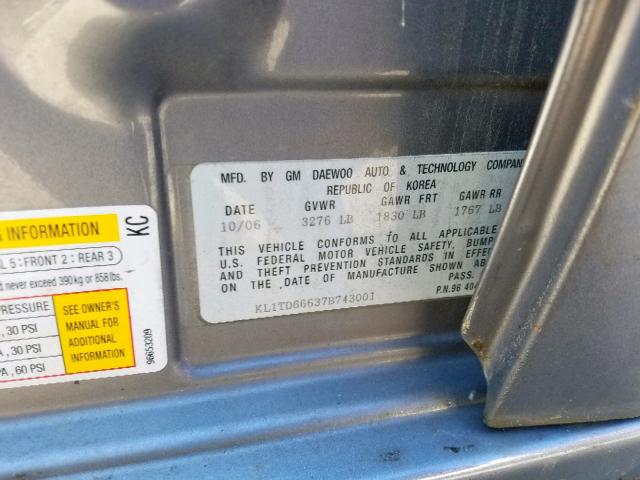 KL1TD66637B743001 - 2007 CHEVROLET AVEO BASE Сұр фото 10