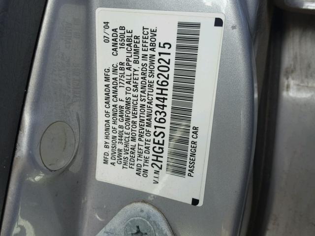 2HGES16344H620215 - 2004 HONDA CIVIC DX V SILVER photo 10