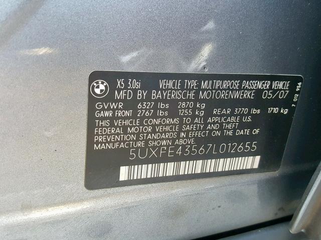 5UXFE43567L012655 - 2007 BMW X5 3.0I GRAY photo 10