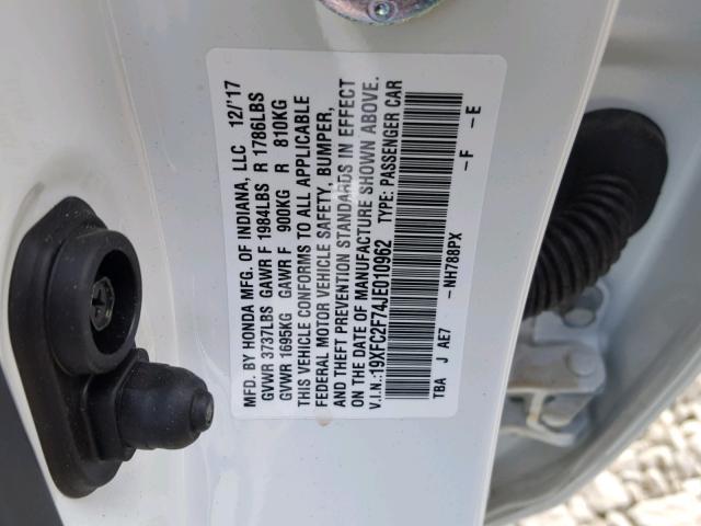 19XFC2F74JE010962 - 2018 HONDA CIVIC EX WHITE photo 10