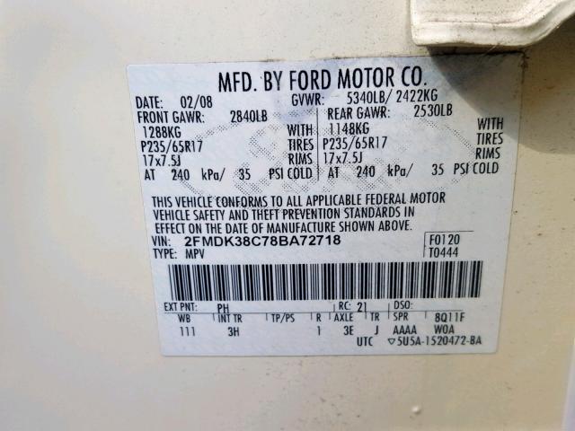 2FMDK38C78BA72718 - 2008 FORD EDGE SEL WHITE photo 10