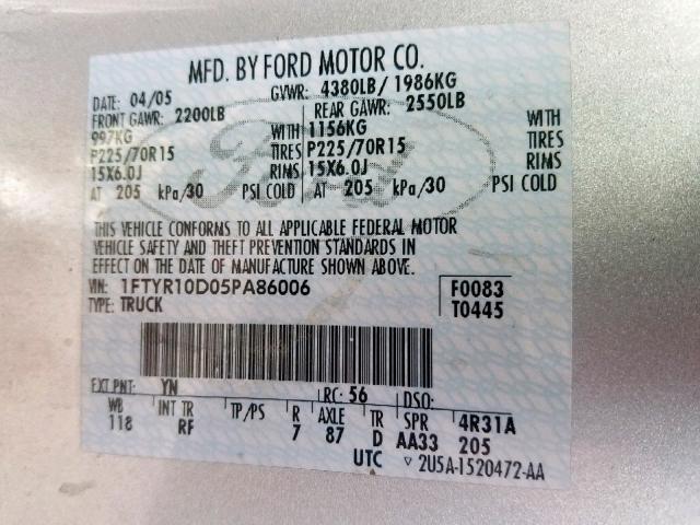 1FTYR10D05PA86006 - 2005 FORD RANGER SILVER photo 10