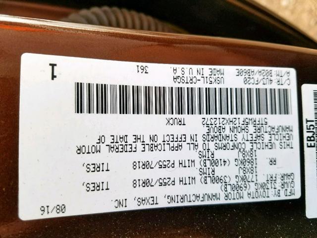 5TFRW5F12HX212372 - 2017 TOYOTA TUNDRA DOU BROWN photo 10