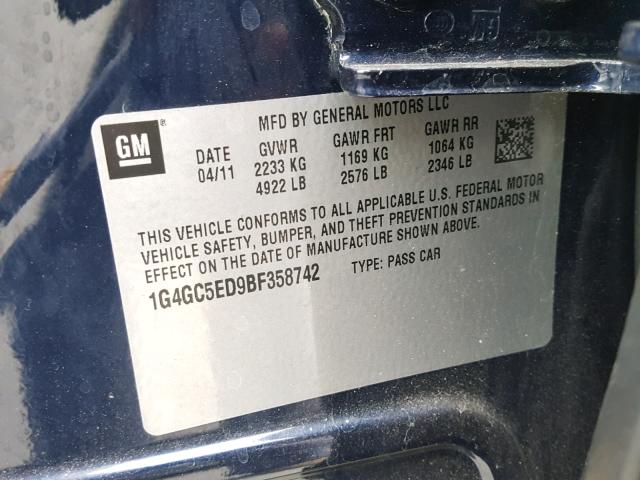 1G4GC5ED9BF358742 - 2011 BUICK LACROSSE C BLUE photo 10