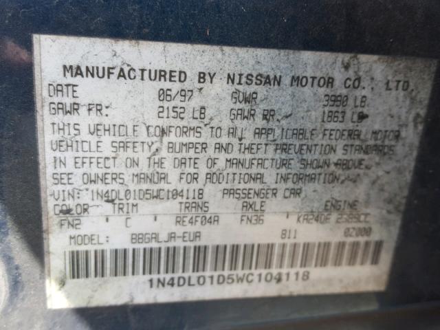 1N4DL01D5WC104118 - 1998 NISSAN ALTIMA XE BLUE photo 10