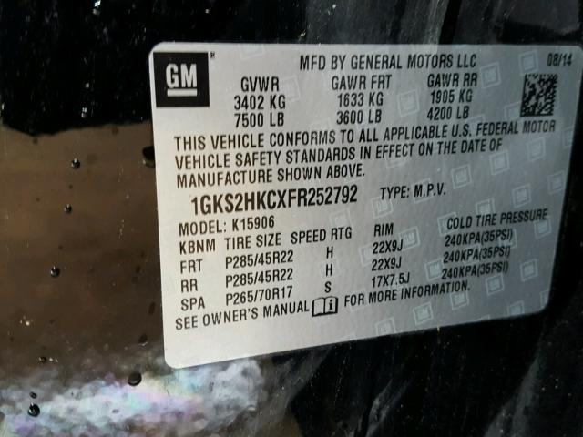 1GKS2HKCXFR252792 - 2015 GMC YUKON XL K BLACK photo 10