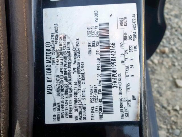 3FAHP08199R142166 - 2009 FORD FUSION SEL BLACK photo 10