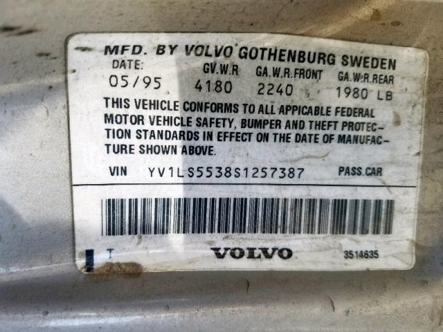 YV1LS5538S1257387 - 1995 VOLVO 850 BASE SILVER photo 10