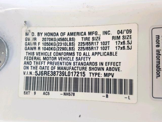 5J6RE38739L017215 - 2009 HONDA CR-V EXL WHITE photo 10