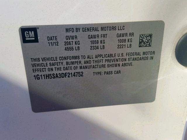 1G11H5SA3DF214752 - 2013 CHEVROLET MALIBU LTZ თეთრი ფოტო 10