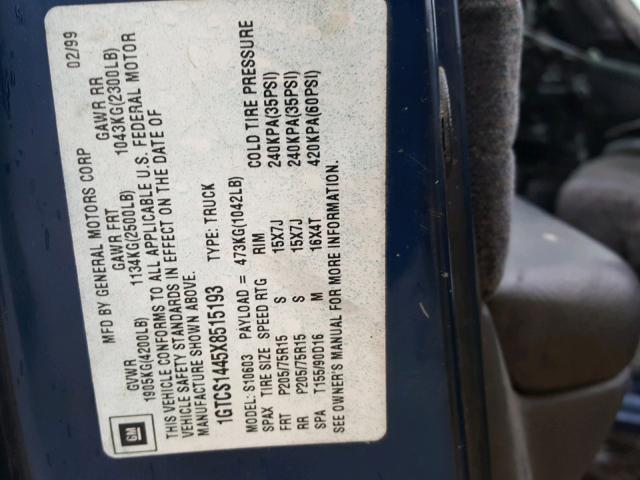 1GTCS1445X8515193 - 1999 GMC SONOMA BLUE photo 10