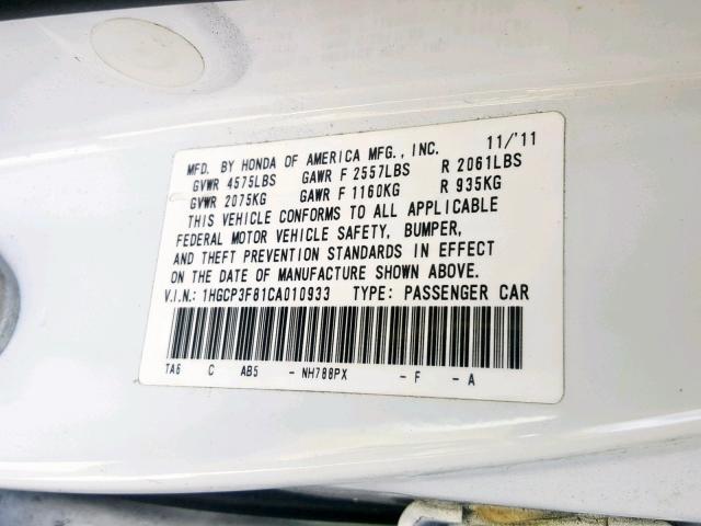 1HGCP3F81CA010933 - 2012 HONDA ACCORD EXL WHITE photo 10