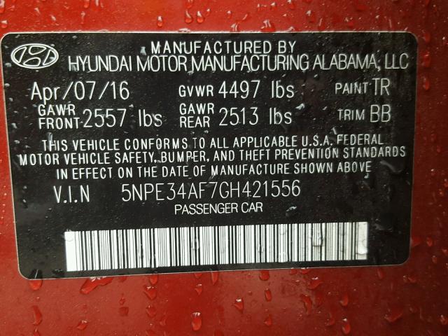 5NPE34AF7GH421556 - 2016 HYUNDAI SONATA SPO RED photo 10