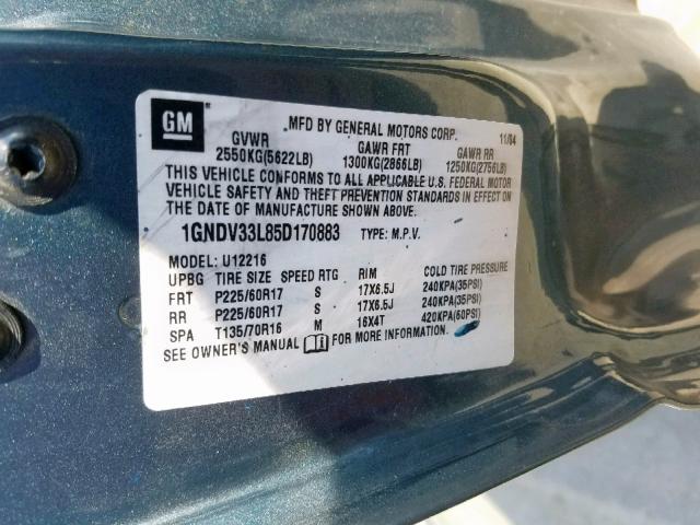 1GNDV33L85D170883 - 2005 CHEVROLET UPLANDER L BLUE photo 10