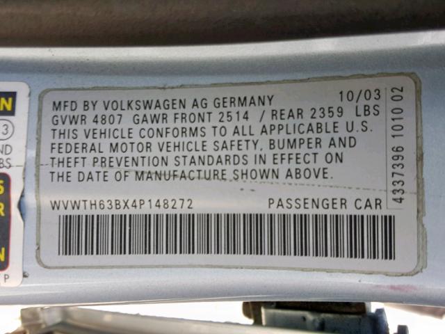 WVWTH63BX4P148272 - 2004 VOLKSWAGEN PASSAT GLX BLUE photo 10