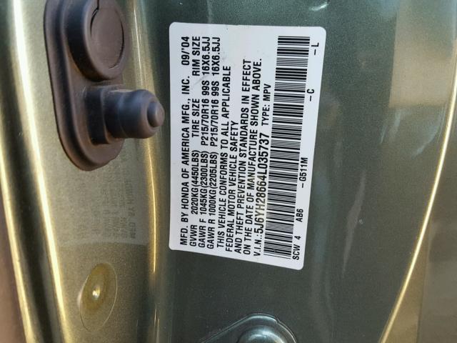 5J6YH28664L035737 - 2004 HONDA ELEMENT EX GREEN photo 10