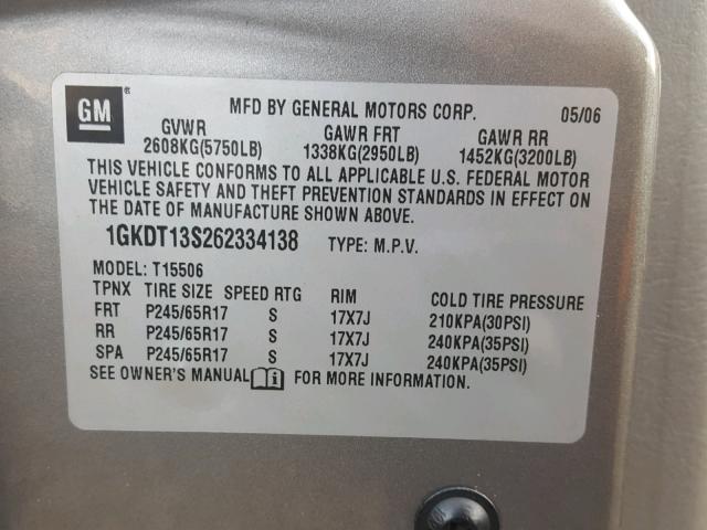 1GKDT13S262334138 - 2006 GMC ENVOY GRAY photo 10