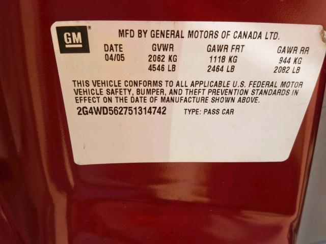 2G4WD562751314742 - 2005 BUICK LACROSSE C RED photo 10