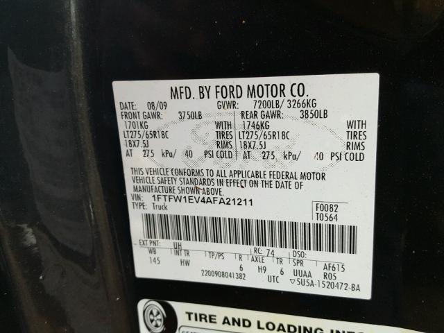 1FTFW1EV4AFA21211 - 2010 FORD F150 SUPER BLACK photo 10