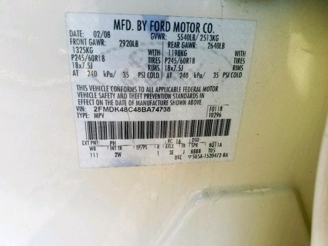 2FMDK48C48BA74738 - 2008 FORD EDGE SEL CREAM photo 10